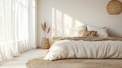 Serene bedroom with linen bedding bathed in soft sunlight and natural tones evokes comfortable living