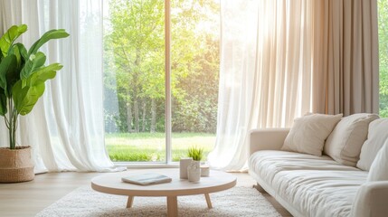 Fototapeta premium Bright Living Room Scene with Natural Light Flowing Through Sheer Curtains and Cozy Couch in a House