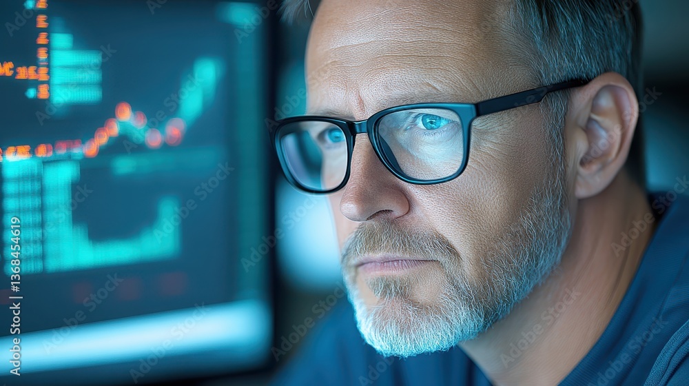 Poster man with glasses concentrated on computer screen, glimpse into modern work and digital productivity