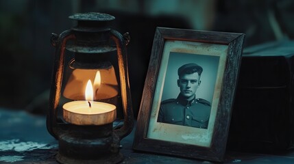 A framed portrait with candle and lantern creates memorial