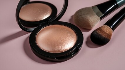 High quality highlighter and professional makeup brushes arranged on a pastel pink background for beauty enthusiasts and makeup artists