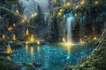 Enchanted waterfall in a mystical forest with glowing lights and serene waters