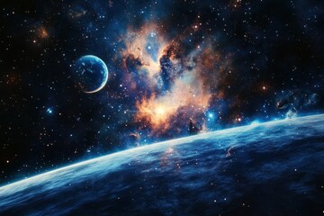 Obraz premium Cosmic vista revealing planets and swirling clouds of interstellar gas and stars