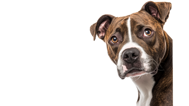 Adorable brindle Pitbull headshot, eyes looking up, isolated, cut out transparent