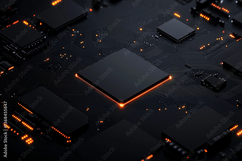 Poster technological core: close-up of a high-tech circuit board with a central processor, showcasing the i