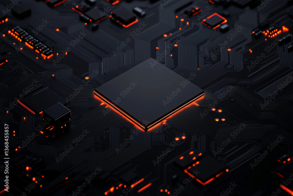 Poster advanced tech microchip: a close-up view of a futuristic microchip design, showcasing intricate circ