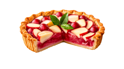 Delicious cut red fruit pie with leaves, isolated dessert, cut out transparent