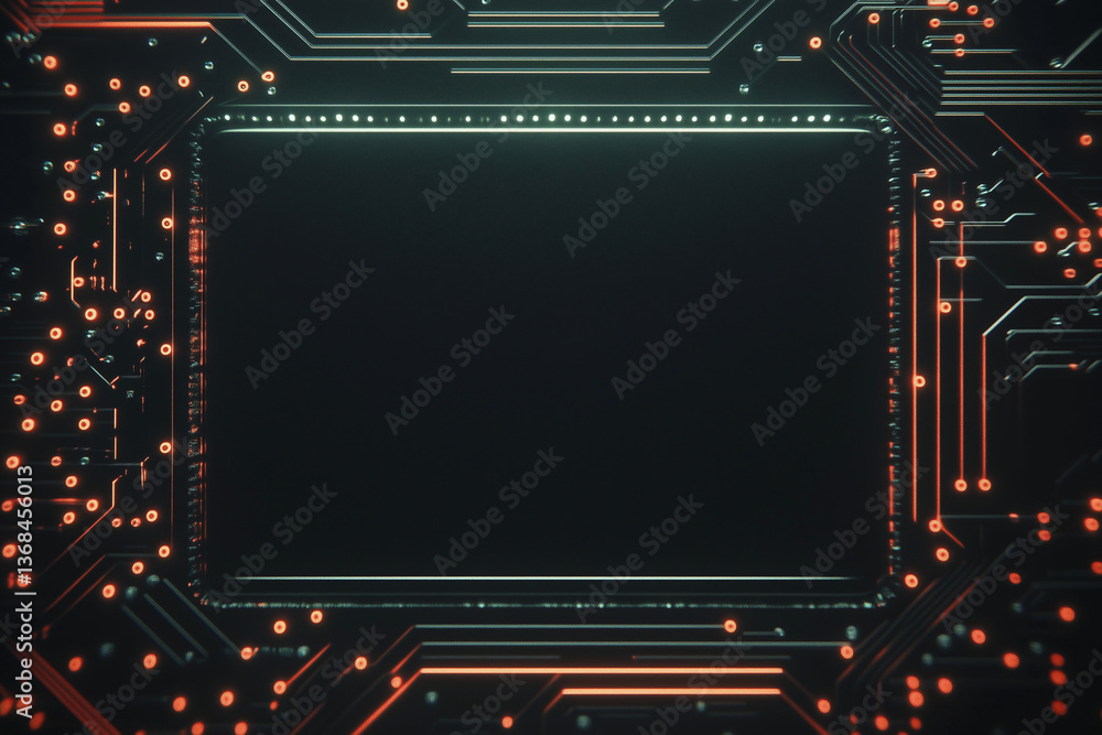 Poster digital core: a futuristic circuit board design, highlighted with orange accents, encapsulates a cen