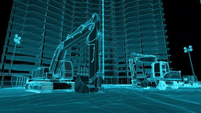 Wireframe of a construction site with an excavator. 3D animation.