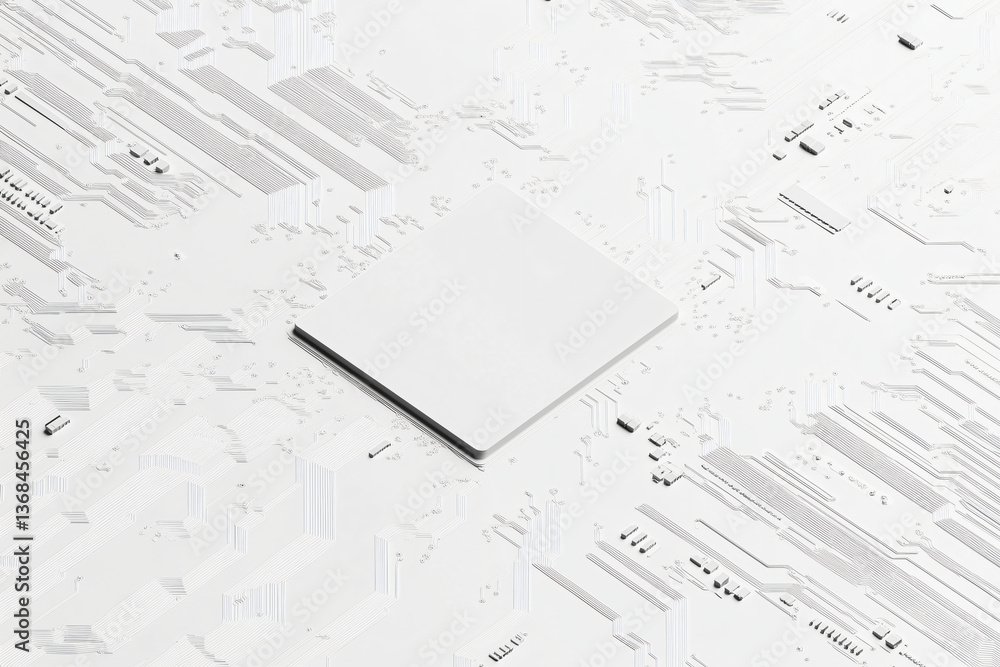 Poster digital crossroads: a stark image of a microchip's intricate circuitry and its central processing un