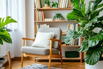 Serene home library interior with soft armchair inviting cushion abundant books and lush green plants calm reading nook for relaxation