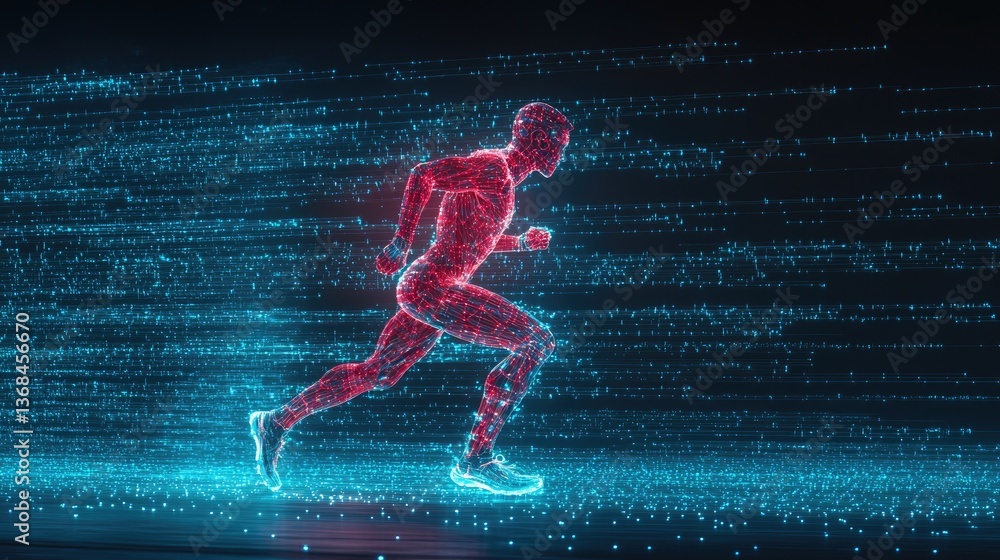 Poster futuristic runner in neon lights against digital data background representing speed and technology i