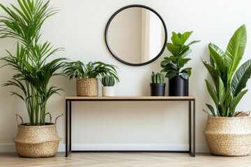 Serene interior featuring green plants in wicker and black pots mirror and console table against wall