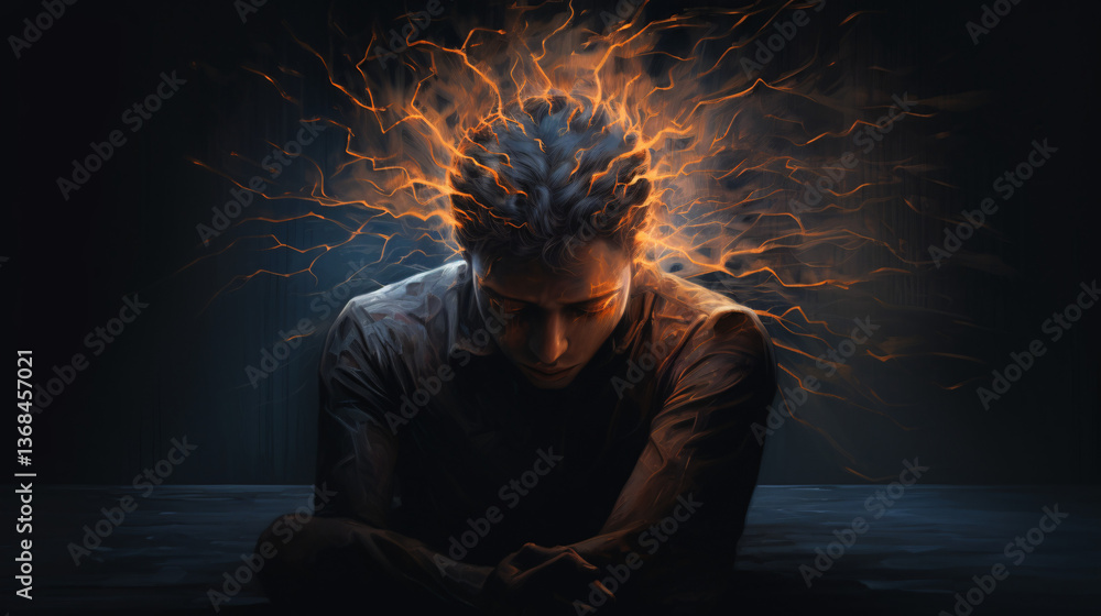 Poster a sad person with their brain highlighted to illustrate emotions, perfect for web technology banners