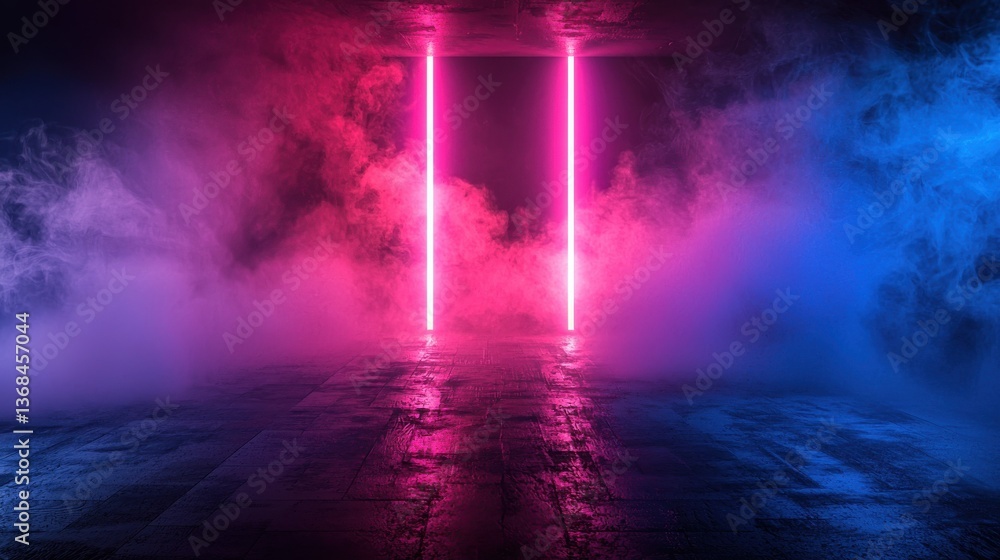 Poster background of an empty room with smoke and neon light. dark abstract background.