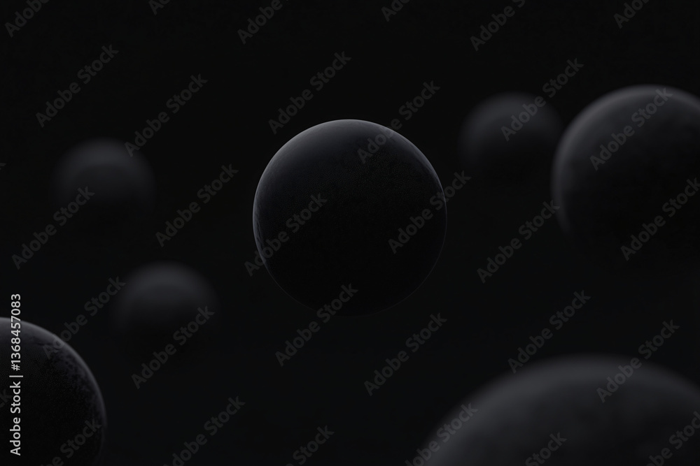 Poster cosmic spheres: a cluster of dark, enigmatic spheres drift through a deep black expanse, inviting vi