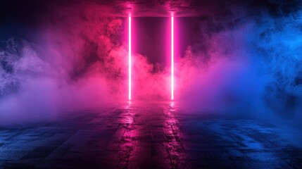 Background of an empty room with smoke and neon light. Dark abstract background.