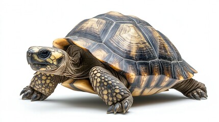 Obraz premium Close-up of a tortoise with a beautifully patterned shell on a plain white background.