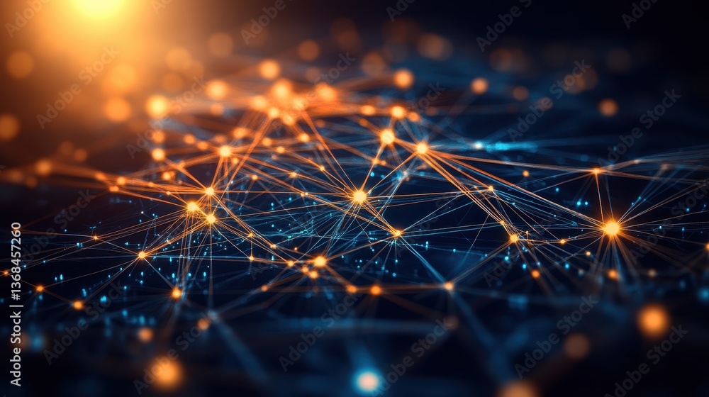 Poster abstract digital illustration of a complex network of interconnected glowing nodes in warm orange an