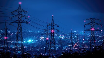 Stunning Cityscape at Night with Power Lines Illuminated in Blue and Pink Glow