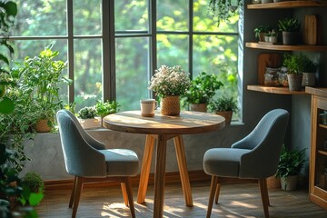 Obraz premium Small dining table with chairs, wooden shelves, fresh flowers, and cozy kitchenette, featuring light gray walls, white ceiling, and natural sunlight from large windows.