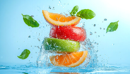 Fresh citrus fruits splashing in water with slices of orange, lime, and lemon ai generated