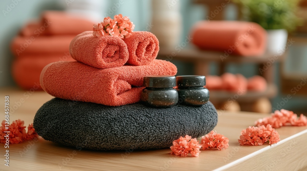 Aufkleber soft towels and a scented candle arranged on a table creating a relaxing spa and wellness atmosphere