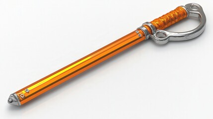 A unique sword with an orange pencil-like blade and ornate silver handle.