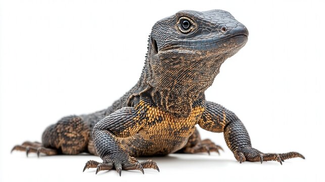 A close-up of a spiny lizard with textured scales and alert eyes against a bright background.