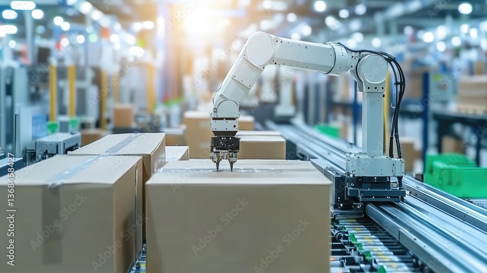 Poster advanced robotic arm in automated warehouse handling cardboard boxes efficiently under bright ambien