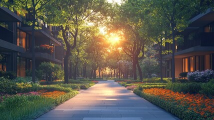Serene Sunrise Pathway: Modern Architecture & Lush Greenery