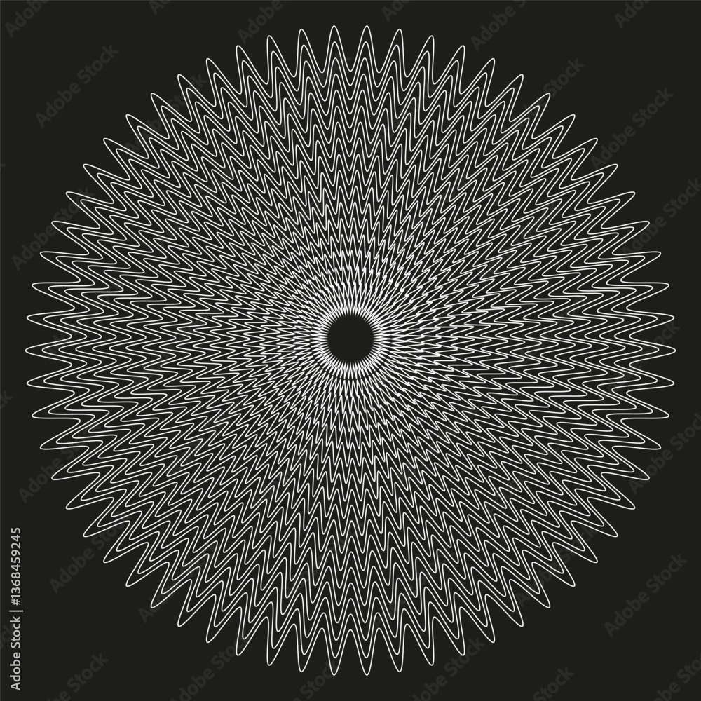 Poster radial zigzag pattern. abstract circular symmetry. white lines on black. geometric outline art.