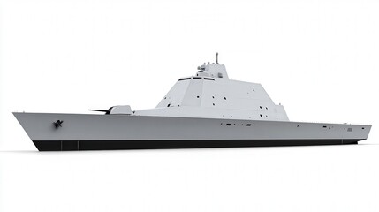 Obraz premium Modern naval warship with sleek, stealth design on a white background.