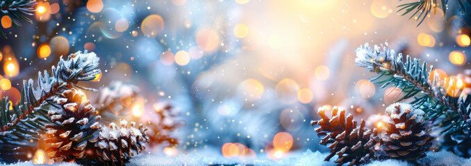 Fototapeta premium Snowy Pine Cones and Fir Branches with Festive Lights - Winter Christmas Holiday Decoration Backdrop for Seasonal Celebrations in Evening Setting