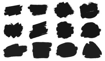 Hand drawn artistic black paint brush strokes spots vintage grungy frame design set