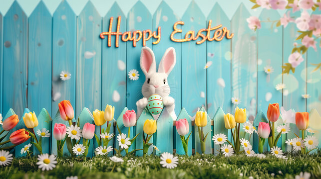 A rabbit holding an Easter egg in front of a fence with flowers
