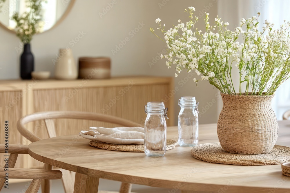 Poster interior table setting with wicker vase filled with white flowers in a minimalist room design