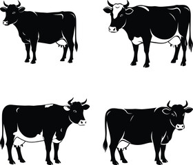 Fototapeta premium Cows Silhouettes In Different Poses Cow Grazing On Meadow, Cow Logo