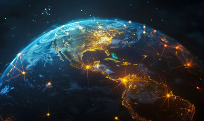 Obraz premium Glowing Earth at Night with Yellow Network Connecting Cities, Illuminated Planet with Interconnected Urban Areas, Digital Connectivity and Globalization Concept