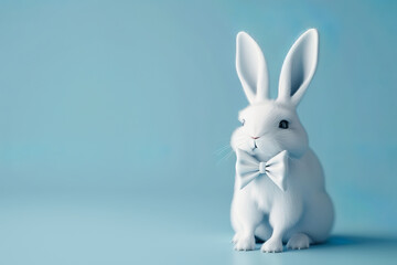 White bunny sitting upright on light blue background