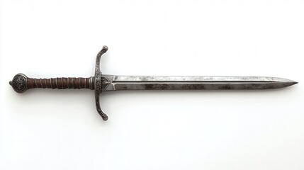 Obraz premium Rustic medieval sword with ornate handle and aged blade on a white background.