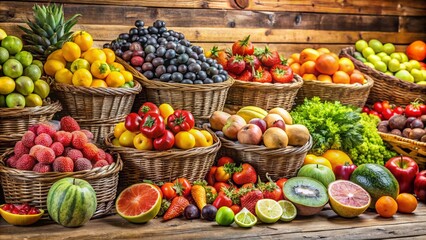 Assorted Fresh Fruits on Wooden Market Background