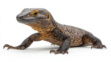 Obraz premium Close-up of a black and orange lizard against a plain white background.