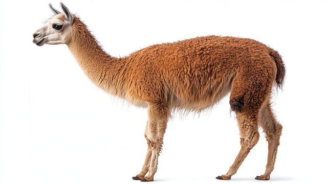 A majestic brown llama standing against a white background, showcasing its fluffy fur and gentle expression. - Powered by Adobe