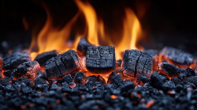 Glowing embers and flames.  Close-up view of hot charcoal briquettes with intense fire