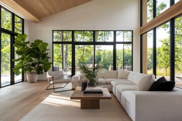 Fototapeta premium Airy living room flooded with natural light modern interior showcasing luxury sofa and lush green view