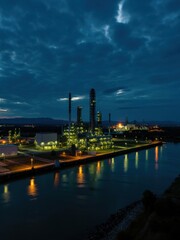 Naklejka premium Industrial complex illuminated at dusk by the waterway reflecting vibrant lights and clouds