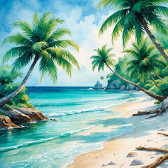 aquarelle plage avec palmiers