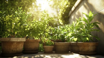 Sunlight warmly bathes a vibrant collection of potted herbs beautifully arranged against a rustic stone wall in a serene and lush garden atmosphere