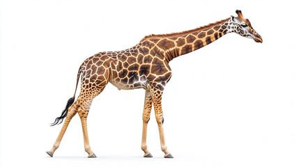 Naklejka premium Graceful giraffe walking against a white background.